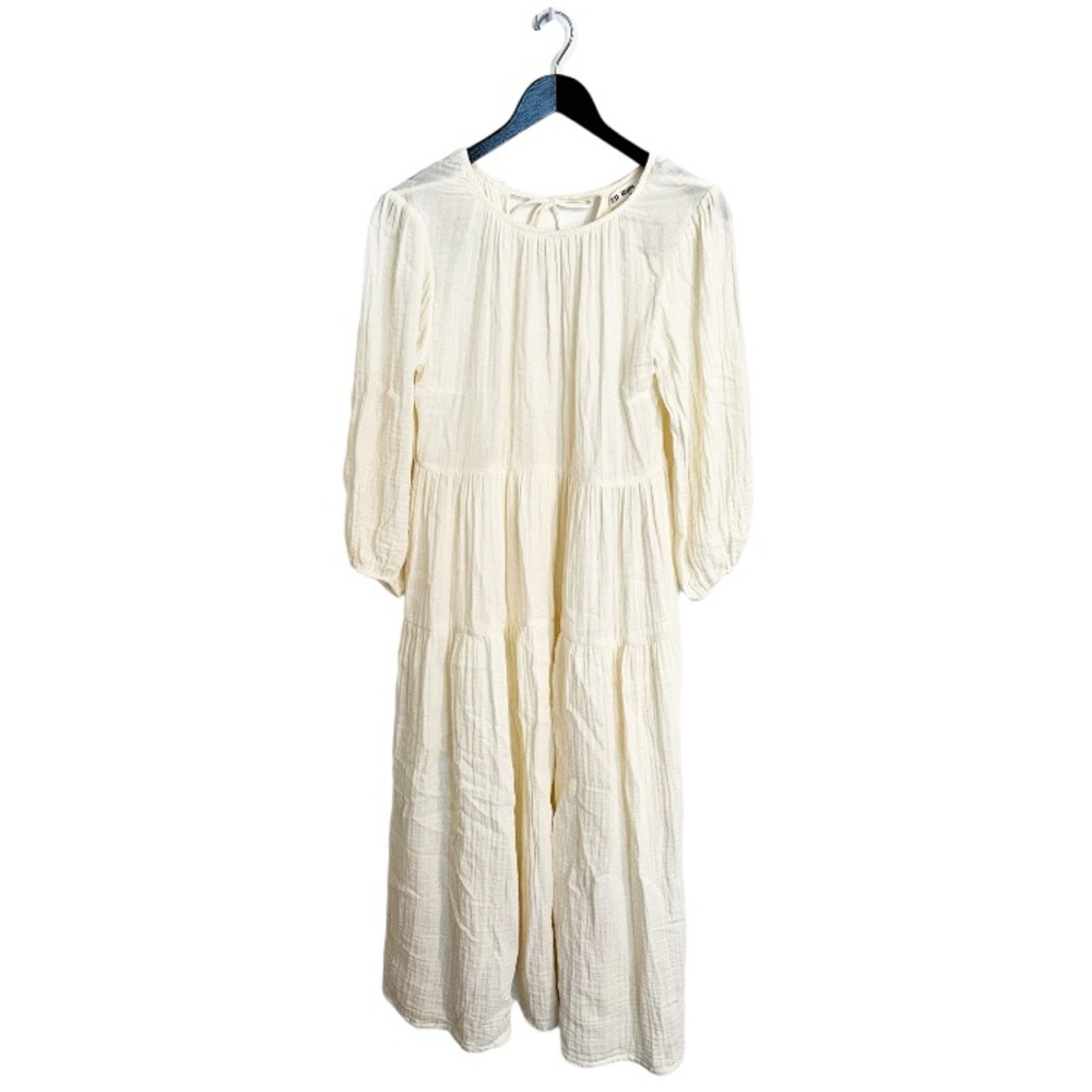 ZII ROPA Nella Cream 100% Cotton High Neck Tie Long Balloon Sleeves Midi Dress